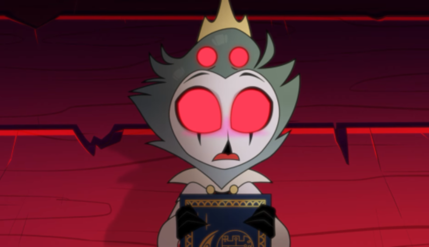 A cartoon character with red eyes holding a book.