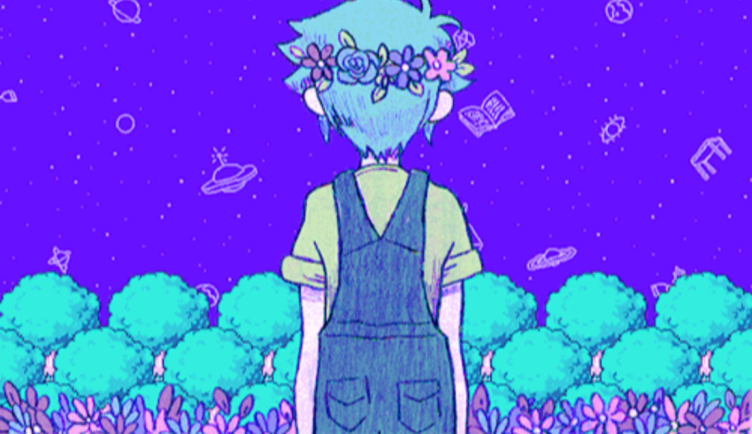 A girl with blue hair standing in a field of flowers.