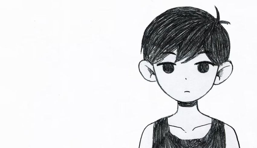 A black and white drawing of a boy with short hair.