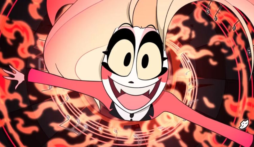 A cartoon girl in a red dress with a flame in the background.