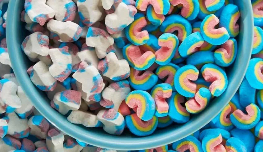 A blue bowl filled with rainbow flavored candies.