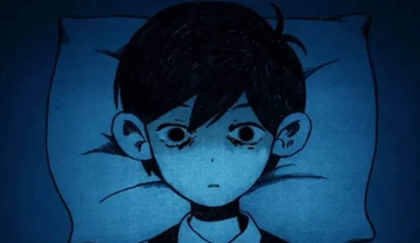 A drawing of a boy in a bed with his eyes closed.