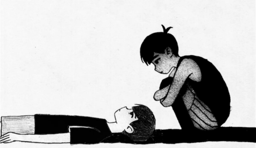 A black and white illustration of a boy laying on the ground.