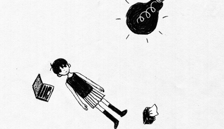 A black and white drawing of a girl and a light bulb.