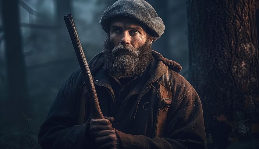 A bearded man holding a rifle in the woods.