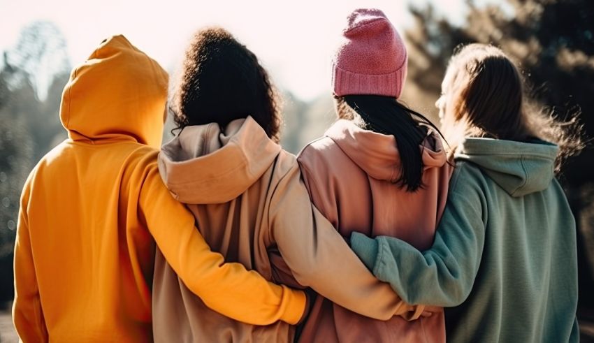 A group of friends in colorful hoodies standing together.