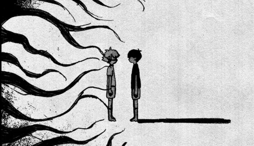A black and white drawing of two people standing next to each other.
