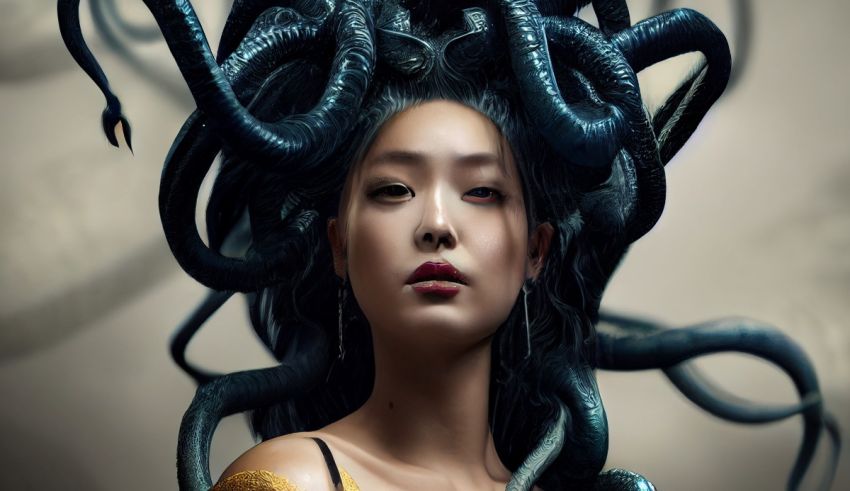 A woman with long hair and large tentacles on her head.