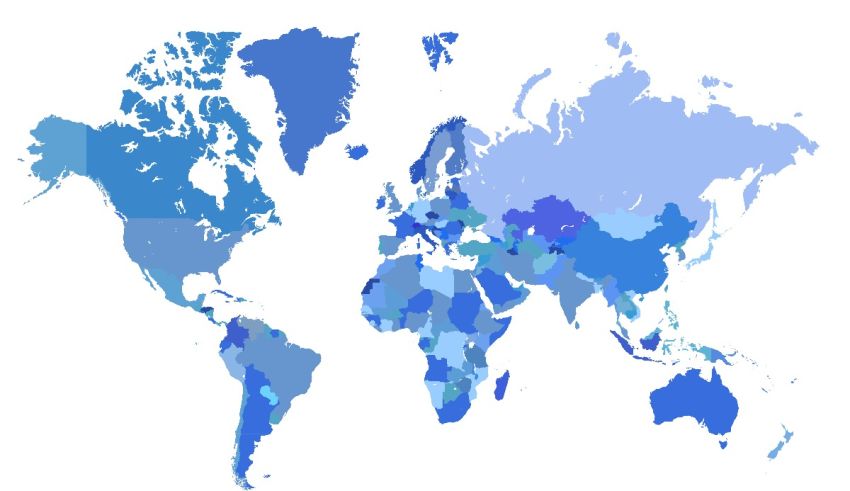 A blue map of the world with blue areas.