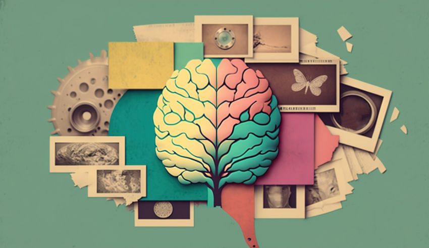An image of a brain surrounded by photos and pictures.