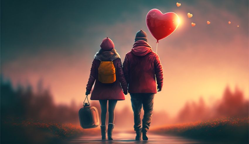 Two people walking down a road with a red balloon.