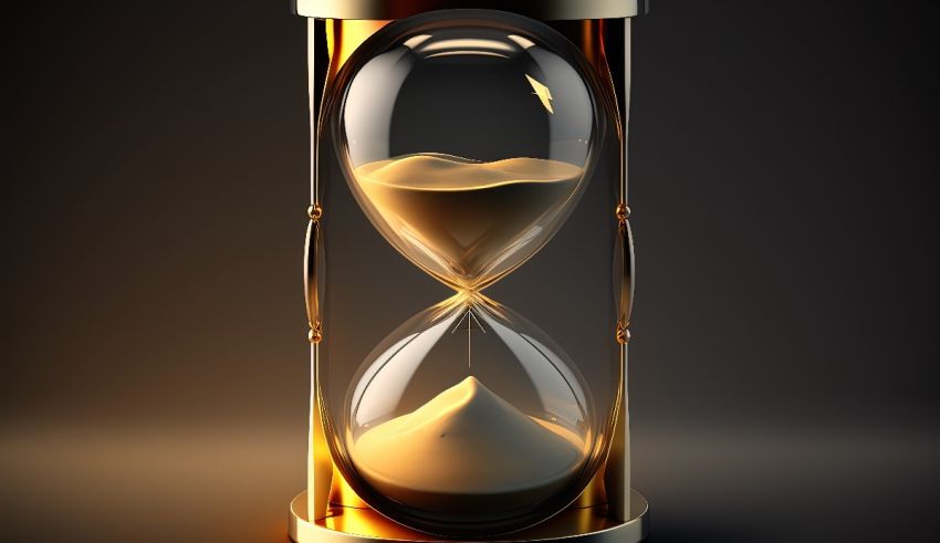 An hourglass with sand on a black background.