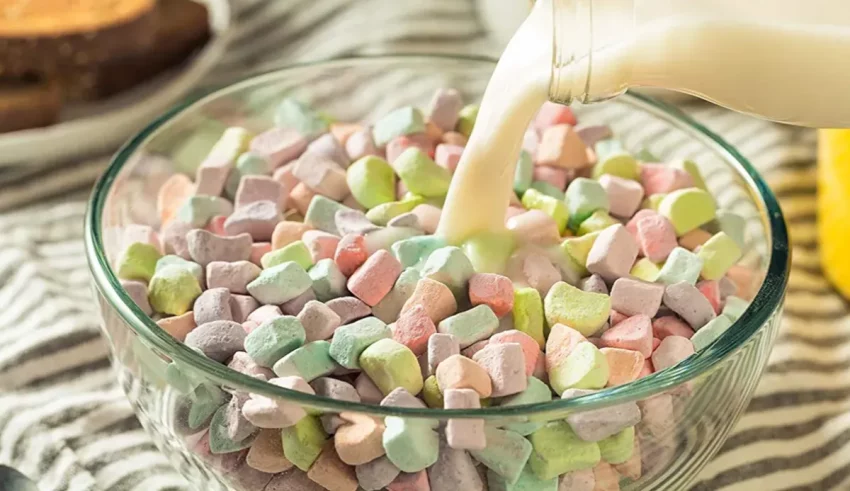 Milk being poured into a bowl of marshmallows.