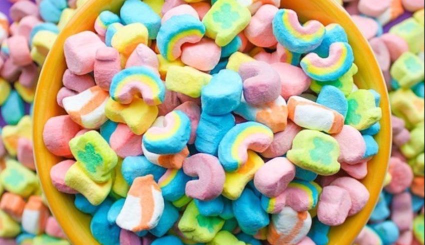 Colorful marshmallows in a yellow bowl.