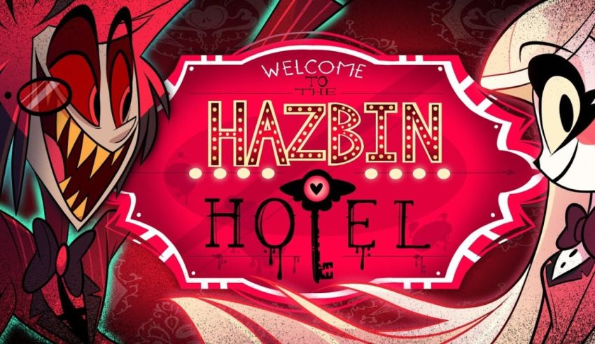 The welcome to hablin hotel sign with two cartoon characters in front of it.