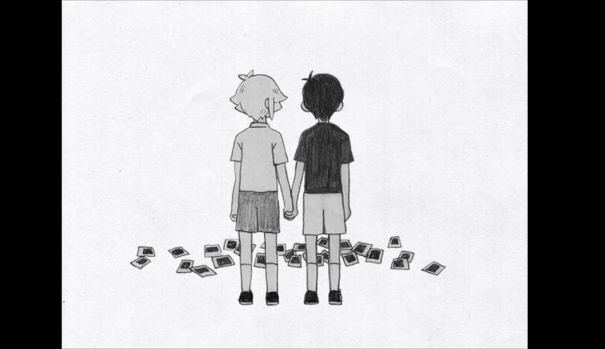 A drawing of two boys standing next to each other.