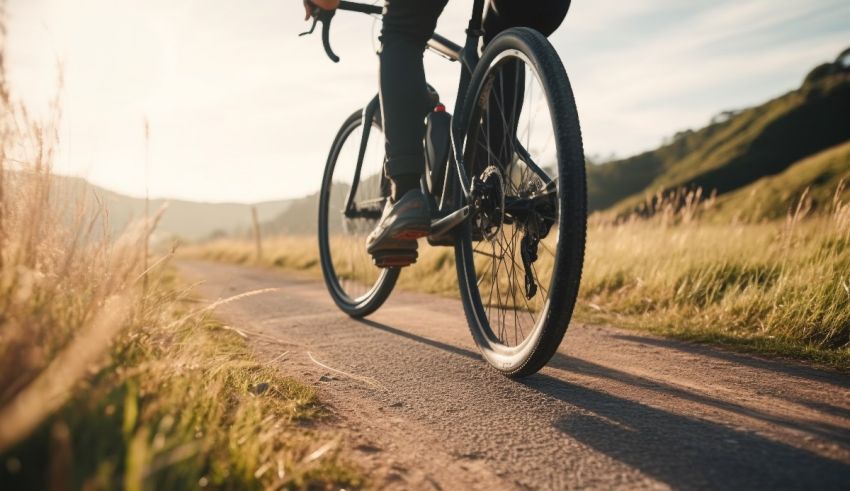 A person is riding a bicycle down a road in the countryside.