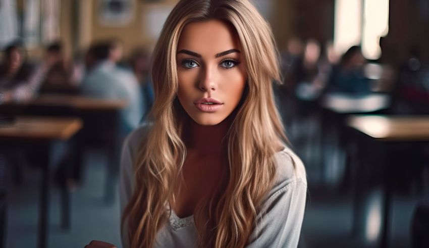 A beautiful blonde woman sitting in a classroom.