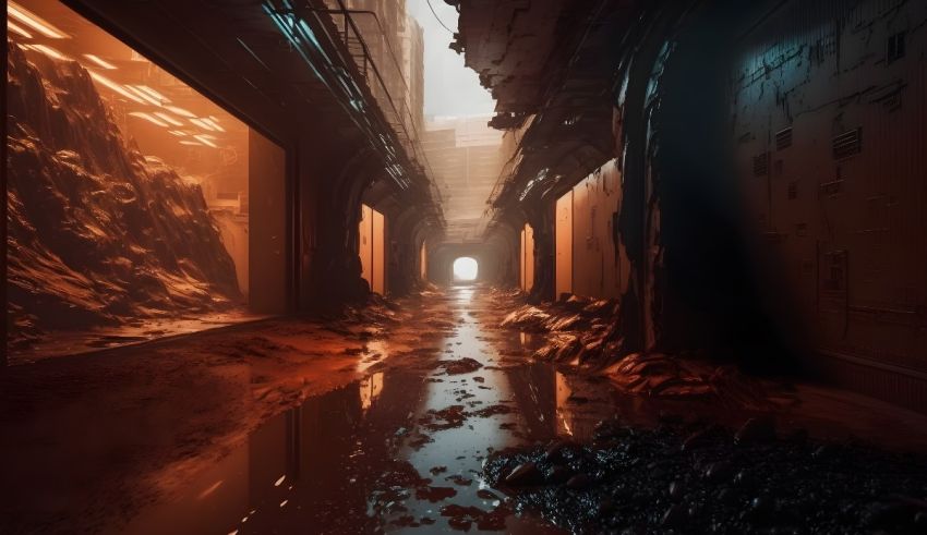 A dark hallway with a puddle in the middle.