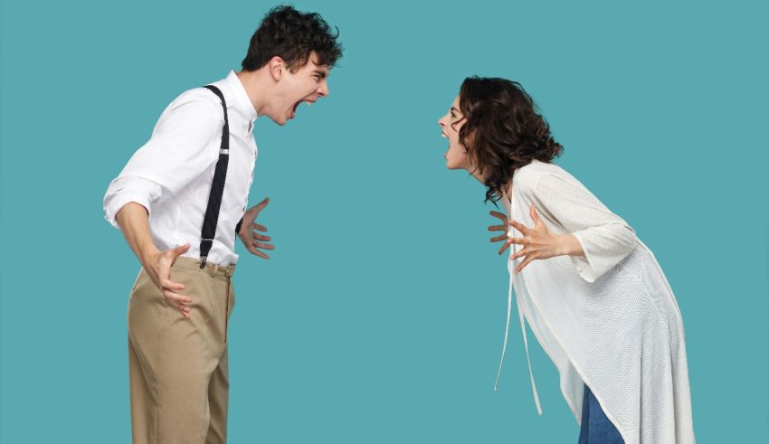 A man and woman yelling at each other on a blue background.