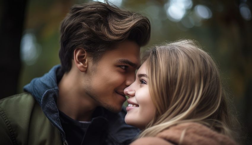 A young man and woman kissing in the woods.