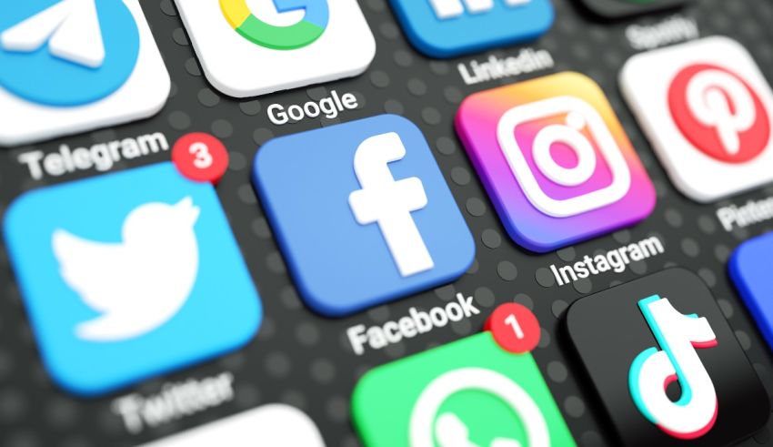 A group of social media icons on a black background.