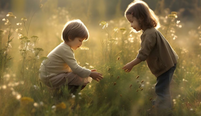 Two children playing in a field of flowers.