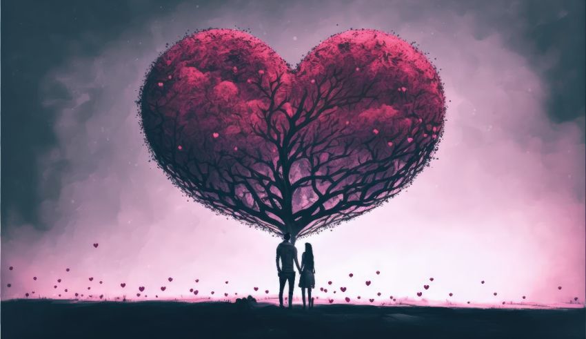 Two people standing in front of a heart shaped tree.