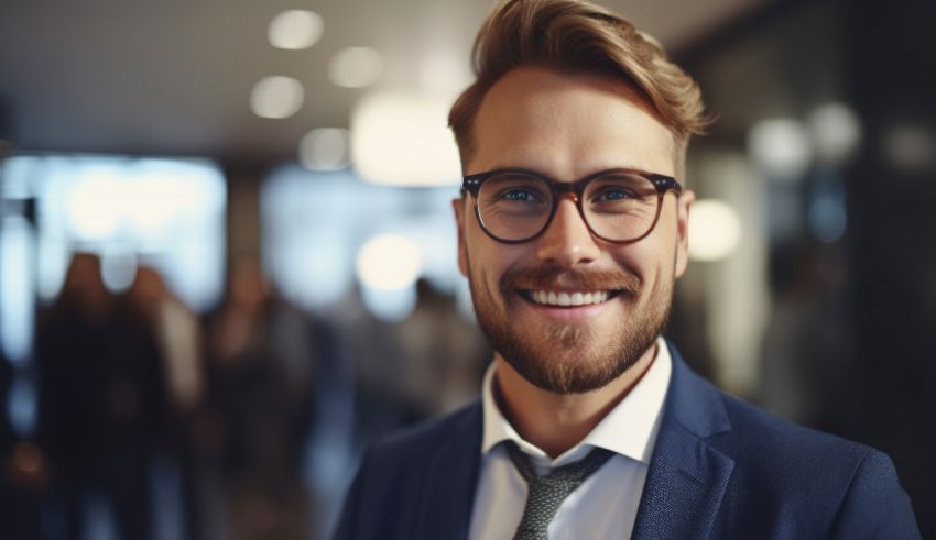 A man in glasses is smiling in front of a crowd of people.