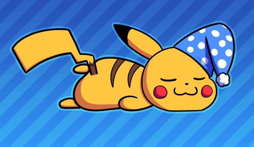 A cartoon pikachu sleeping on a blue striped background.
