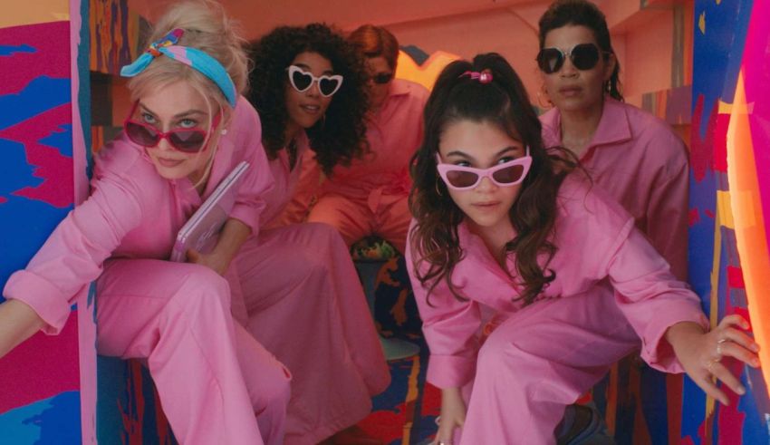 A group of people in pink outfits posing in a colorful room.