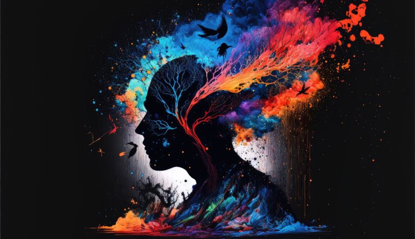 A colorful image of a person's head with a tree in the background.