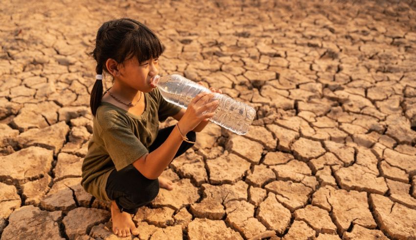 A girl drinking water from a plastic bottle in a dry field.