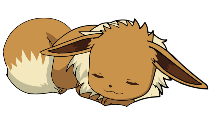 A brown and white eevee sleeping on the ground.