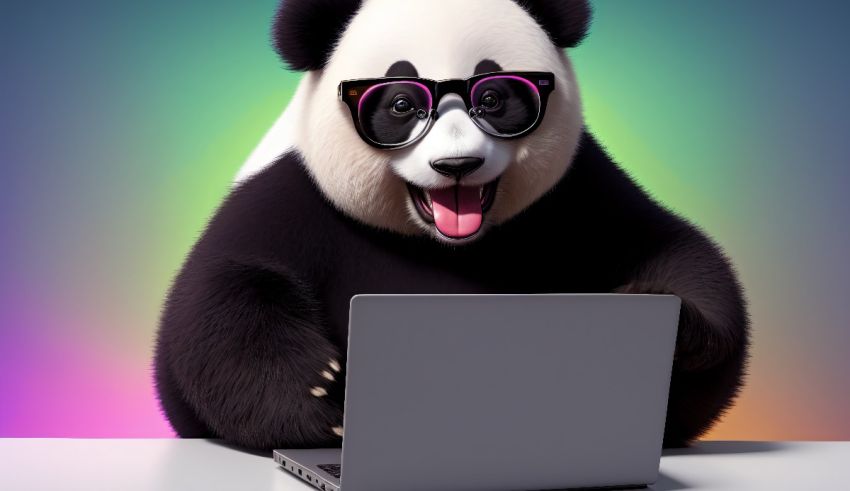 A panda bear wearing sunglasses is using a laptop.