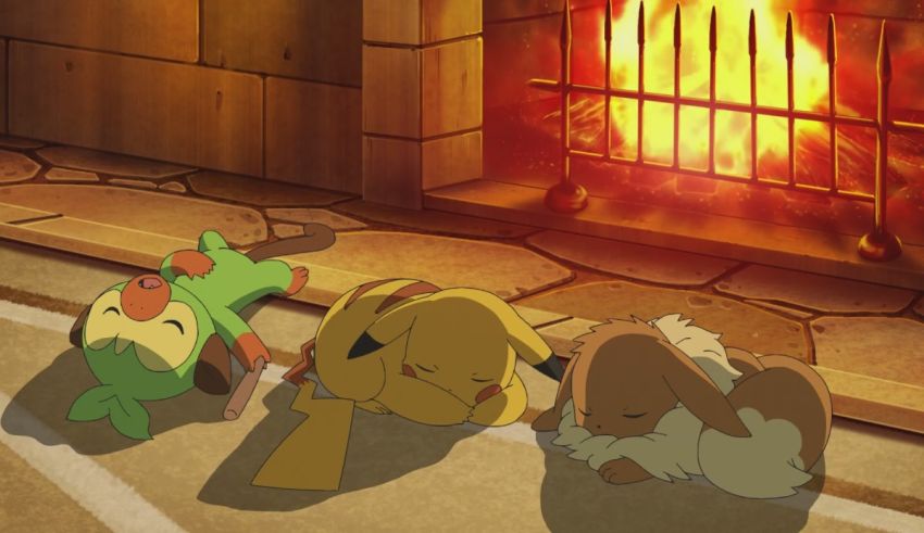 A group of pokemon laying in front of a fireplace.