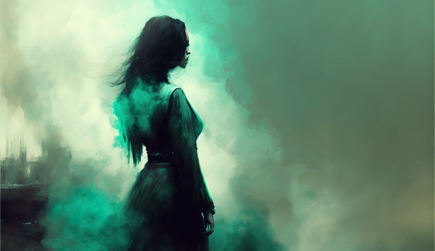 A woman in a green dress is standing in front of smoke.