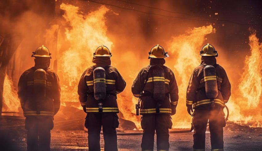 A group of firefighters standing in front of a fire.