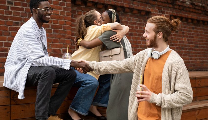 A group of people shaking hands in front of a brick wall.