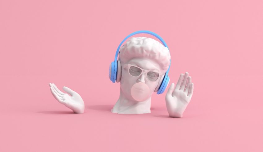 3d illustration of a head with headphones on a pink background.