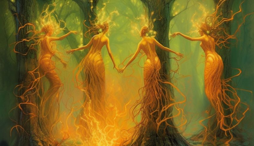 Three women in a forest with fire in their hands.