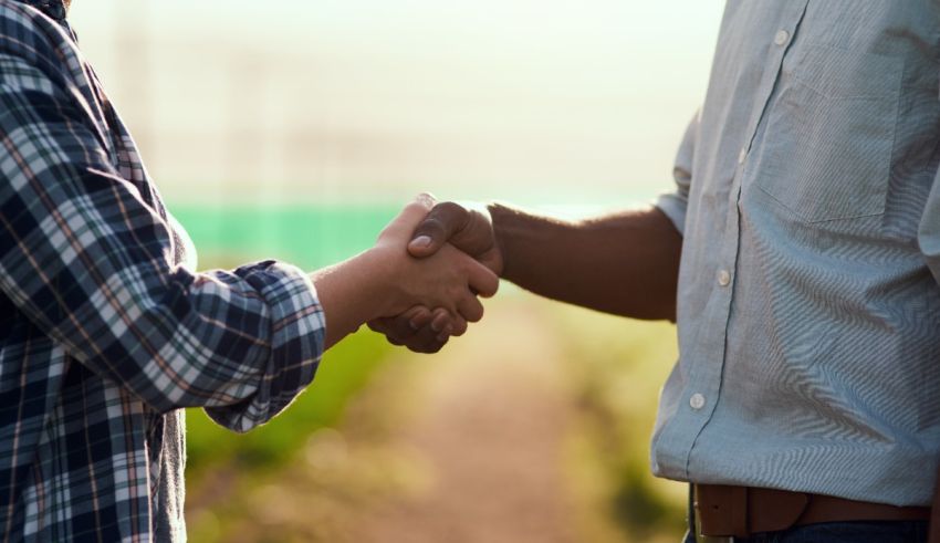 Two people shaking hands in a field.