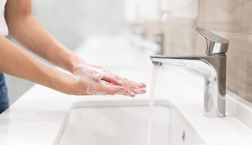 A woman washing her hands in a bathroom sink.