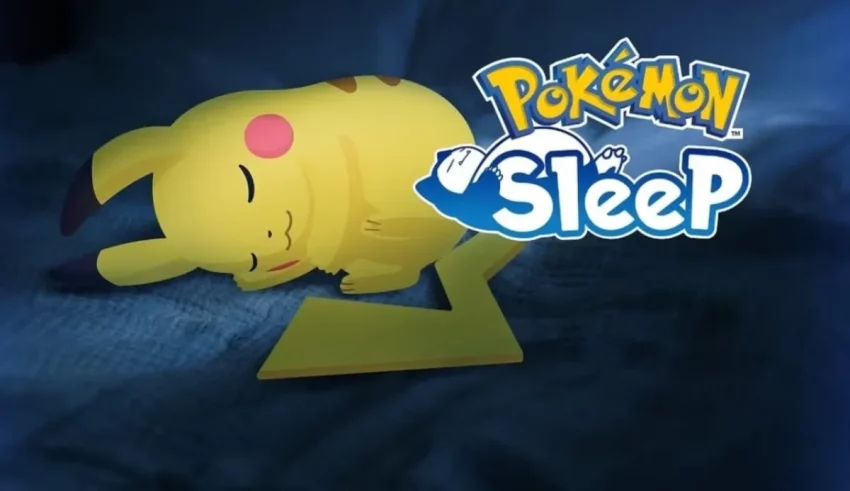 Pokemon sleep logo with a pikachu laying on top of it.