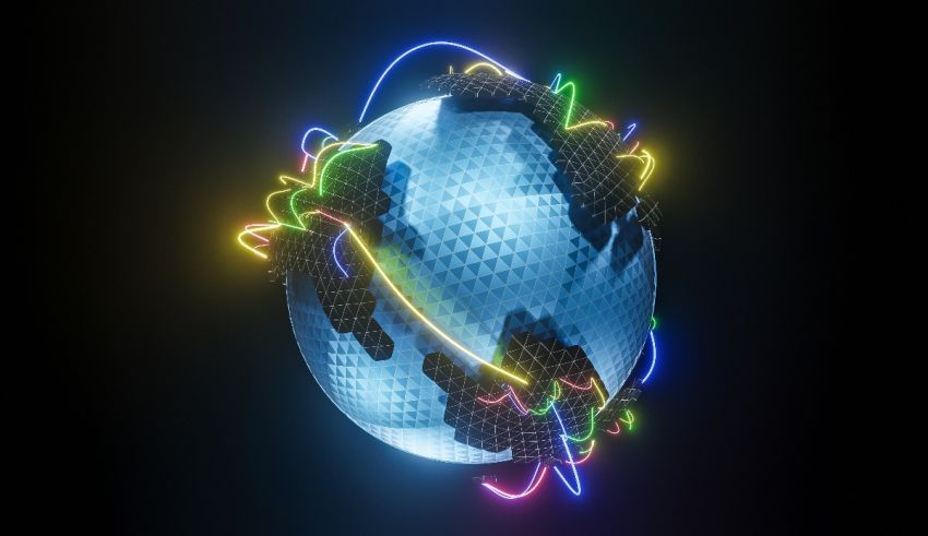 A colorful globe with neon lights on a black background.