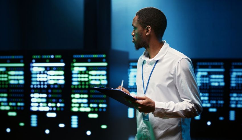 A man holding a clipboard in front of computer screens.