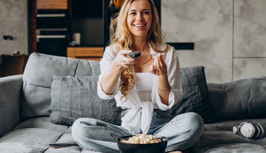 A young woman sitting on a couch with a bowl of popcorn and a remote control.