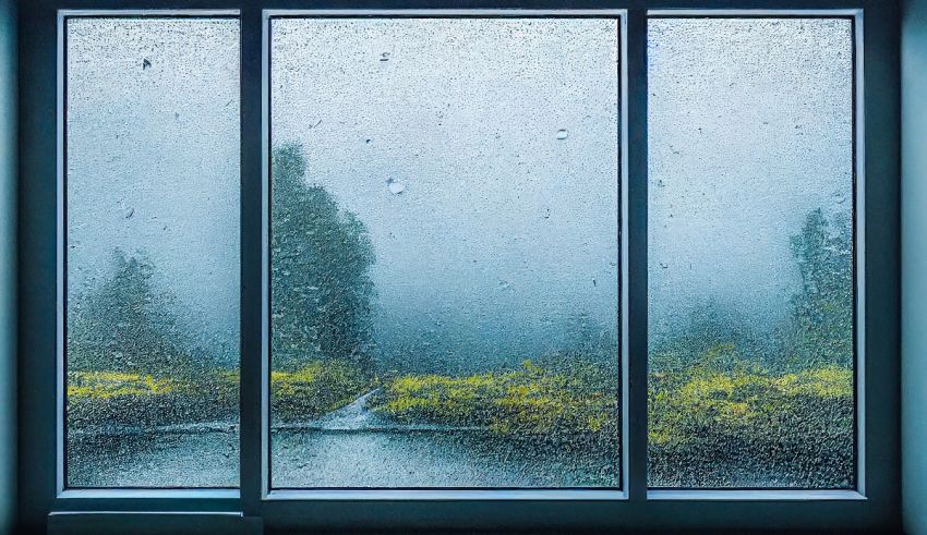 A window in a room with rain drops on it.