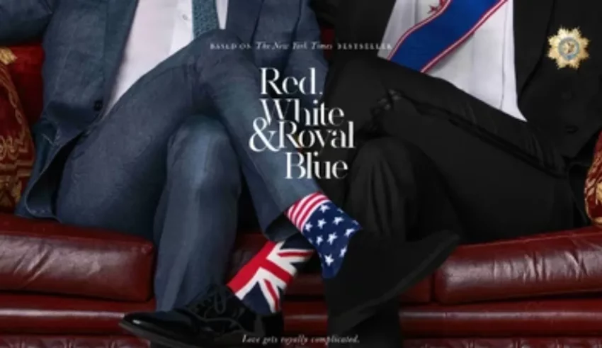 Two men sitting on a couch with the words red white and royal blue.