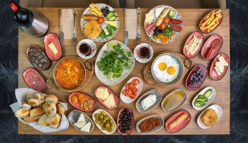 A table with a lot of food on it.